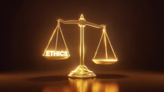 Golden balancing scales holding illuminated word Ethics, isolated on dark reflective background, cinematic 3D animation, slowly moving beam, symbolizing justice, moral integrity, and legal fairness