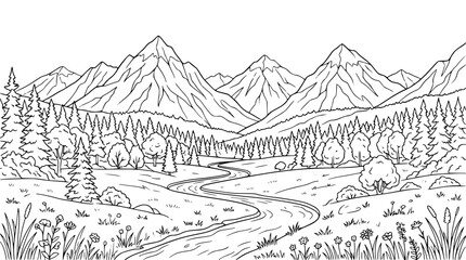 Fototapeta premium Mountain landscape with winding river and forest coloring page illustration