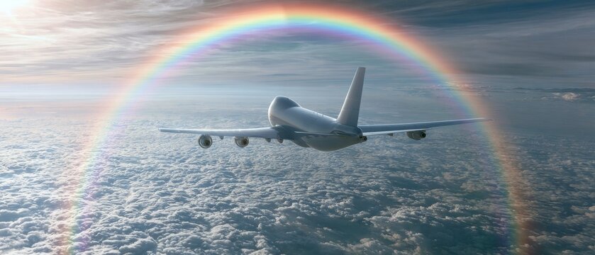 Airplane flying through clouds with a rainbow in the sky at sunset
