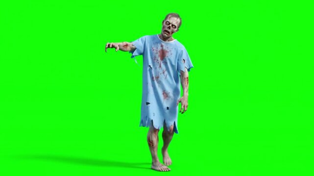 Walking zombie in hospital gown. Undead creature on a green screen background, chroma key