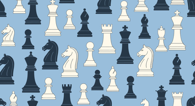 Engaging seamless pattern showcasing various chess pieces like kings, queens, knights, and pawns in black and white on a blue background.