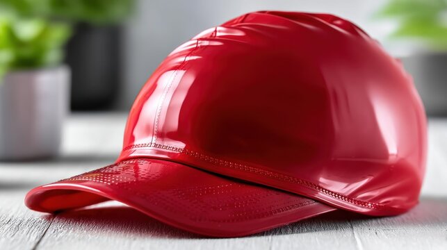 Red plastic baseball cap with a textured brim.