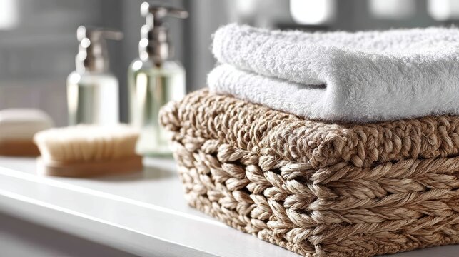A woven basket holds a stack of white towels and a bar of soap.