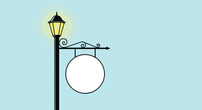 Vintage black street lamp post with a glowing lantern and a blank circular white sign hanging from an ornamental wrought iron bracket.