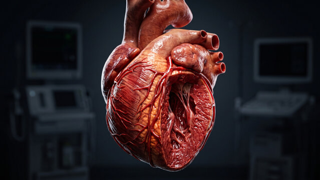 3D medical illustration of a cross-section of a human heart showing internal chambers and coronary arteries