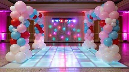 Obraz premium The Balloon Arch Setup Framing a Colorful Dancefloor Under Neon Lights