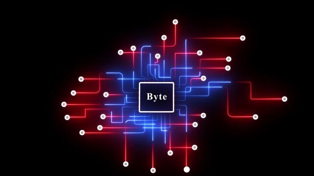 Abstract byte processing on digital circuit board with flashing neon lights.