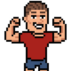 Fototapeta premium Pixel art illustration of a muscular man flexing his biceps in red shirt