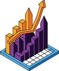 Fototapeta premium Isometric bar chart with rising trend arrow indicating business growth and financial success.
