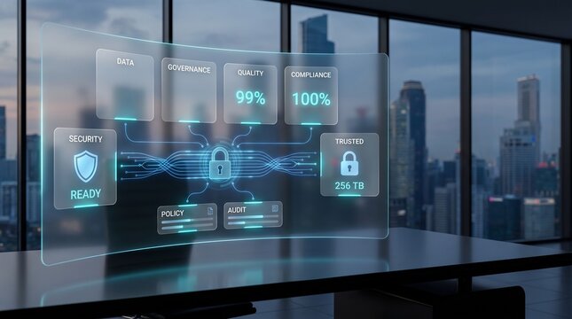 Modern Data Governance Dashboard Featuring Transparent Glassmorphism Holographic Interface with Compliance Analytics Data Quality Enterprise Security and Digital Transformation Visualization