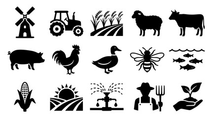 Obraz premium Farm animals and agriculture icons set in black silhouette style. Vector line art collection of livestock, crops, and farming equipment for commerc...