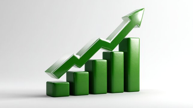 Green Business Growth Chart: A 3D render of a bar chart with an upward trending arrow, symbolizing financial growth and success.