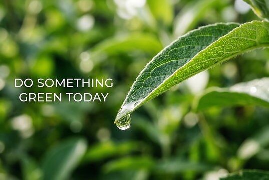 Dewdrop on green leaf, promoting environmental responsibility and sustainable living.