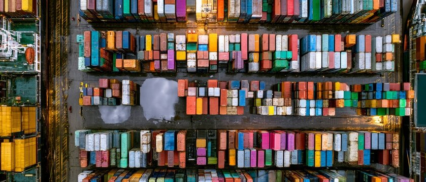 Large shipping container yard with colorful containers stacked high during the day