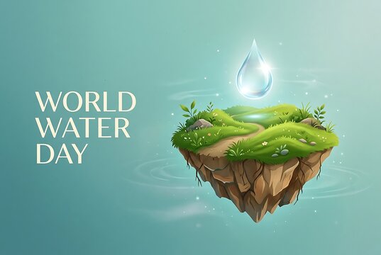 Floating island with water drop above, World Water Day concept.