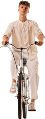 Naklejka premium Young male cyclist riding city bicycle toward camera isolated on transparent background. Concept of eco transport, daily commuting, independent lifestyle.