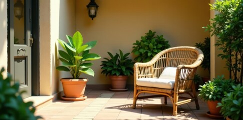 Fototapeta premium Sun-drenched beige wicker chair, potted plant adds vibrant life to courtyard , pot, balcony, beige