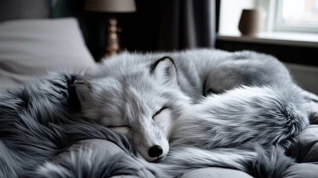A white fox sleeping on a bed.
