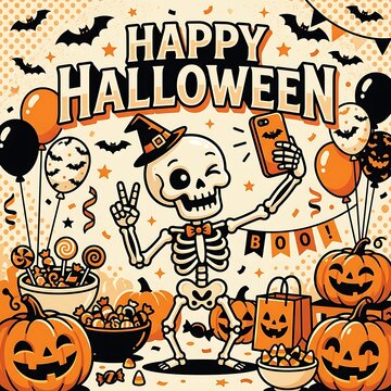Happy halloween skeleton party illustration with pumpkins and candy And,  Happy halloween 2026, Halloween 2026, Halloween, Halloween design, Halloween Poster Design .