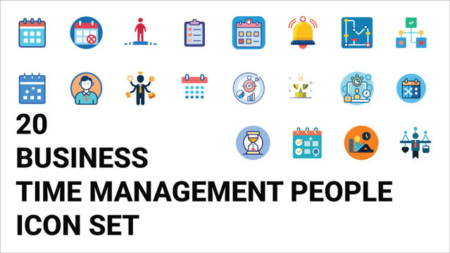 Business time management people icons &ndash; productivity, deadlines, and work optimization symbols.