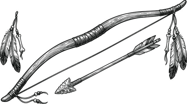 Vintage Native American Bow and Arrow Vector Illustration with Detailed Feathers Beads and Flint Arrowhead in Classic Engraving Style