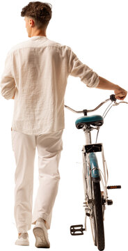 Rear view of young man walking bicycle isolated on transparent background. Concept of mindful travel, green mobility, leisure cycling.