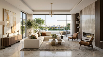 Fototapeta premium Elegant modern hotel room marble floor with floor to ceiling windows sophisticated interior design living room interior design