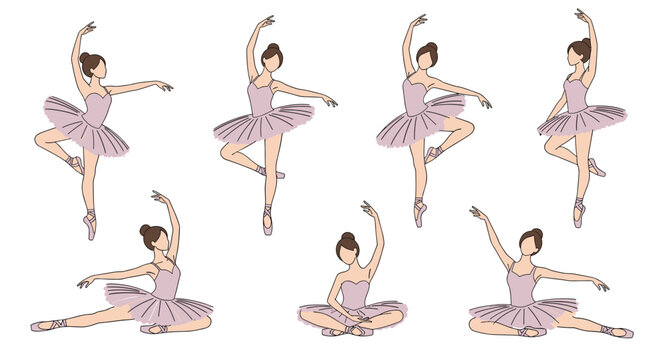 Beautiful ballerinas in pink tutus are performing various graceful ballet dance positions and movements in a collection of artistic poses.