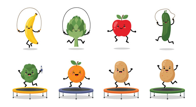 Fun collection of anthropomorphic fruits and vegetables including banana, apple, and potato are exercising on trampolines and jumping ropes.