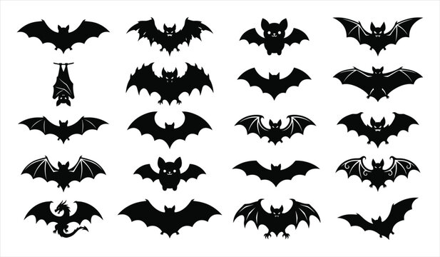 A collection of various black bat silhouettes isolated on a white background for creative halloween party decoration design projects
