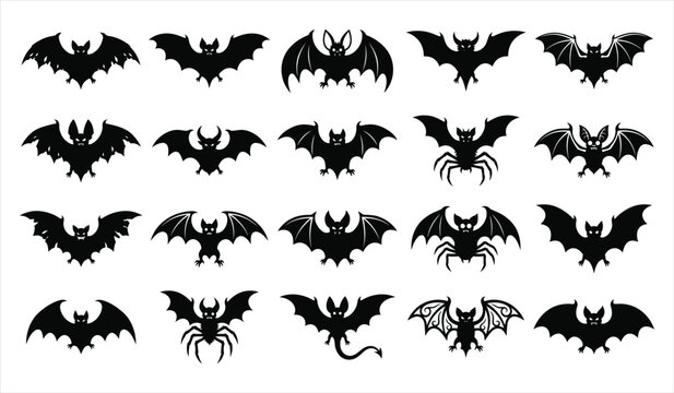 Set of various black bat silhouettes for halloween decorations isolated on white background for spooky holiday graphic design projects