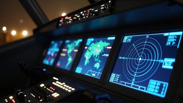 Illuminated control console with radar displays and world map screens inside dim operations room, glowing buttons, joysticks, and digital monitoring interface
