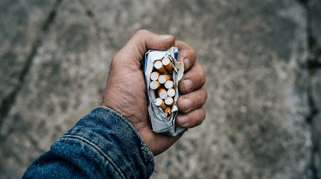 Crushed cigarette pack in hand, person quitting smoking concept, hand squeezing crumpled tobacco box, stop smoking campaign imagery