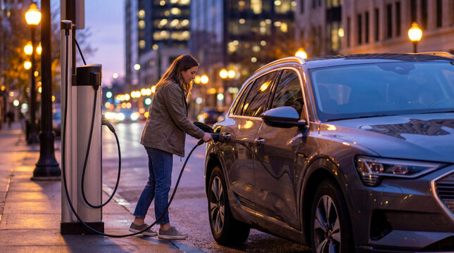 Woman charging electric car at urban curb during evening commute, showing clean mobility, sustainable transport, modern infrastructure, energy transition, practical city lifestyle, Commercial