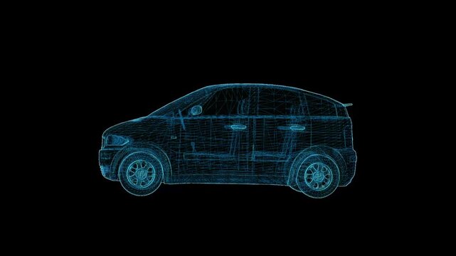 Futuristic 360&deg; rotating HUD wireframe vehicle animation with glowing X-ray blueprint style. High-tech digital interface, seamless loop, perfect for AI, automotive, engineering, defense, and sci-fi pr
