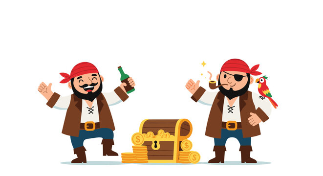 Two jolly pirate characters celebrating with a bottle of rum, a smoking pipe, a colorful parrot, and a wooden chest overflowing with golden coins.