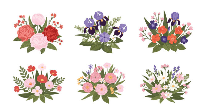 Beautiful collection of six distinct floral bouquets featuring roses, irises, and daisies in various color palettes and green leaf arrangements.
