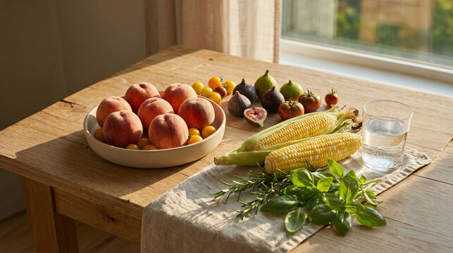 Warm Market Still Life Table With Peaches, Tomatoes, Corn, Figs & Herbs