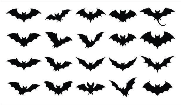 A collection of various black bat silhouettes isolated on a white background perfect for spooky halloween party decorations design