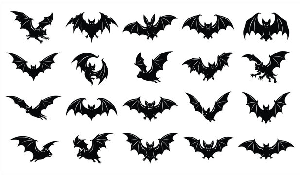 Set of black bat silhouettes in various flying poses isolated on a white background for halloween holiday design projects