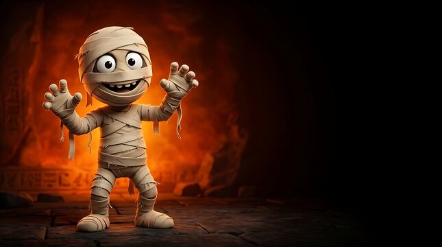 Cute cartoon mummy character standing on a dark orange glowing halloween background with empty copy space