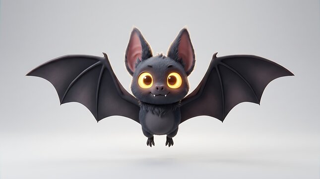 Cute cartoon bat with glowing eyes isolated on a light gray halloween background for festive design