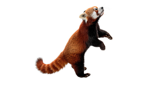 Cute small wild red panda standing looking up isolated on transparent background