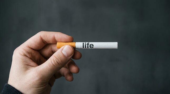 Cigarette with life text held in hand, conceptual smoking metaphor for health risks, tobacco addiction and mortality concept on dark background