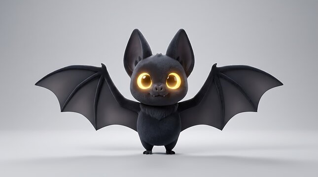 Cute little black bat with glowing eyes standing on a plain light grey halloween background design