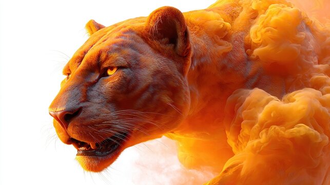 Fiery Spirit of the Lioness: A powerful lioness, adorned with wisps of vibrant orange smoke, emerges with fierce intensity, embodying primal strength and untamed spirit. Her gaze is sharp.
