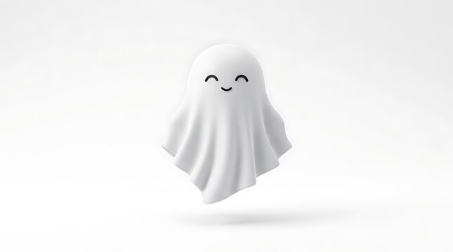 A cute little white ghost character floating on a clean minimal plain white halloween background design