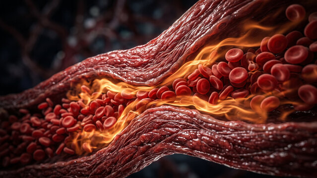 3D medical illustration representing severe inflammation and a burning sensation inside a human artery or blood vessel
