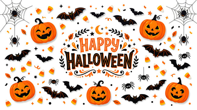 Halloween party celebration with pumpkins and bats. 