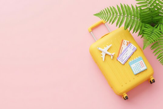 Bright yellow suitcase with travel tickets and airplane model, suggesting vacation planning and adventure